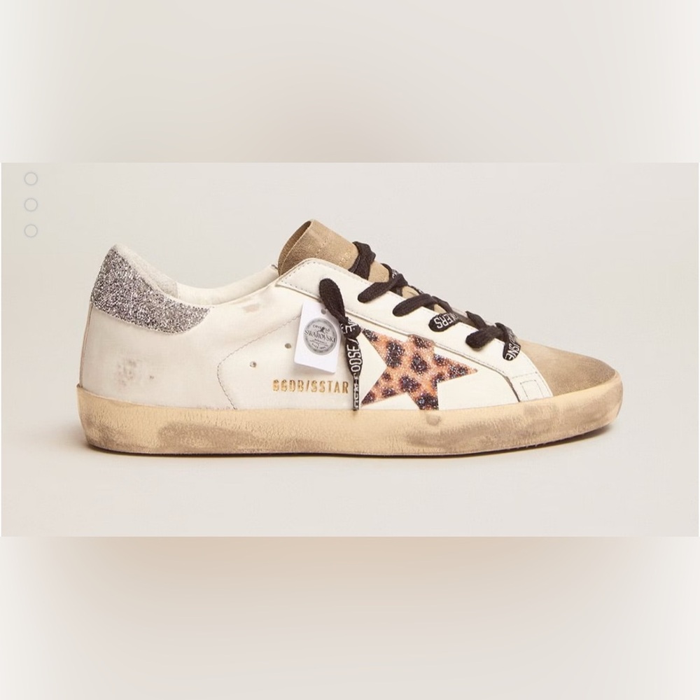 Golden Goose White Leather Sneakers with Tan Accents and Leopard Star CRYSTAL